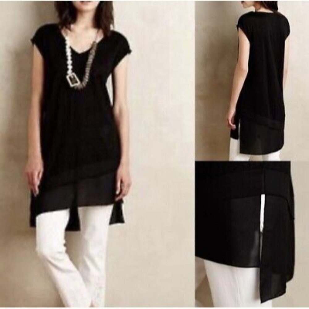 Deletta Anthropologie100% Linen Black Tunic Shirt Dress Chiffon Asymmetric Hem S